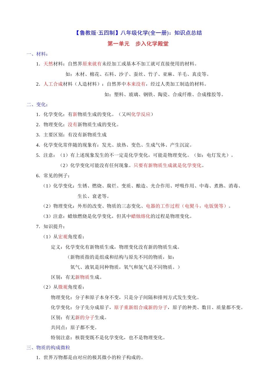 【初中化学鲁教54】（全一册）知识点总结八年级化学(全一册)考点总结.docx_第1页