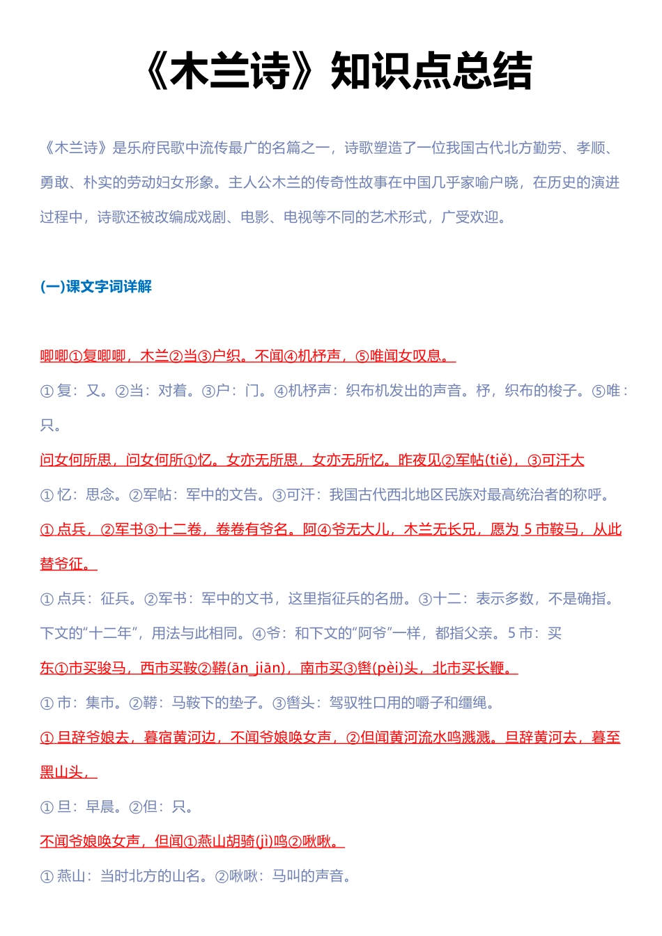 【七年级下册语文】《木兰诗》知识点总结.docx_第1页