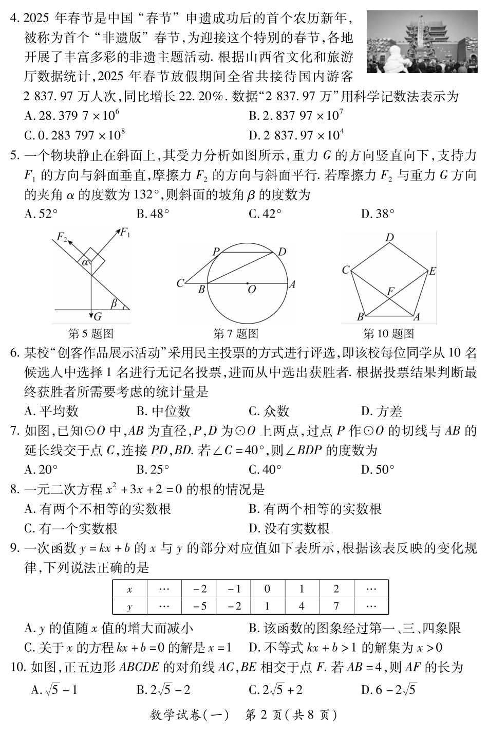 【数学】山西省2025年初中学业水平考试模拟测评（一）.pdf_第2页