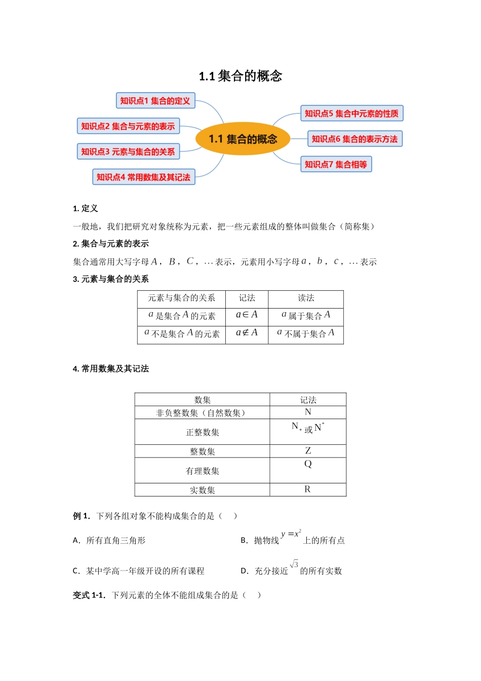 2023年初升高暑假衔接数学讲练（人教A版2019）-1.1 集合的概念（讲义）-原卷版.docx_第1页