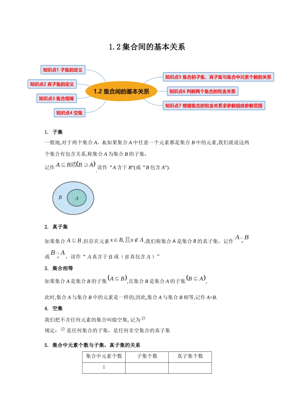2023年初升高暑假衔接数学讲练（人教A版2019）-1.2 集合间的基本关系（讲义）原卷版.docx_第1页
