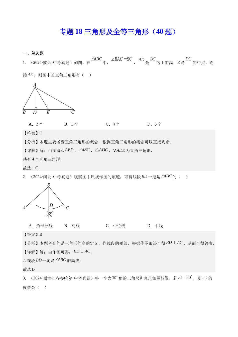 2024年全国各地中考数学真题分类汇编-专题18 三角形及全等三角形（40题）（解析版）.docx_第1页