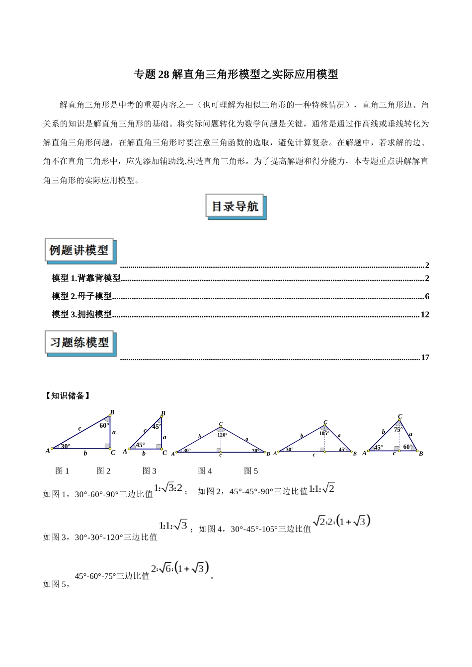 2025年中考数学几何模型归纳训练-专题28 解直角三角形模型之实际应用模型解读与提分精练（全国通用）（解析版）.docx_第1页