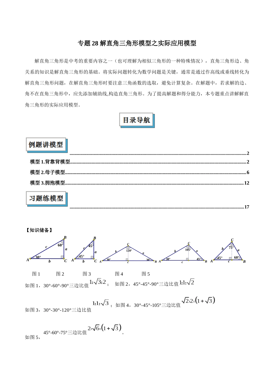 2025年中考数学几何模型归纳训练-专题28 解直角三角形模型之实际应用模型解读与提分精练（全国通用）（原卷版）.docx_第1页