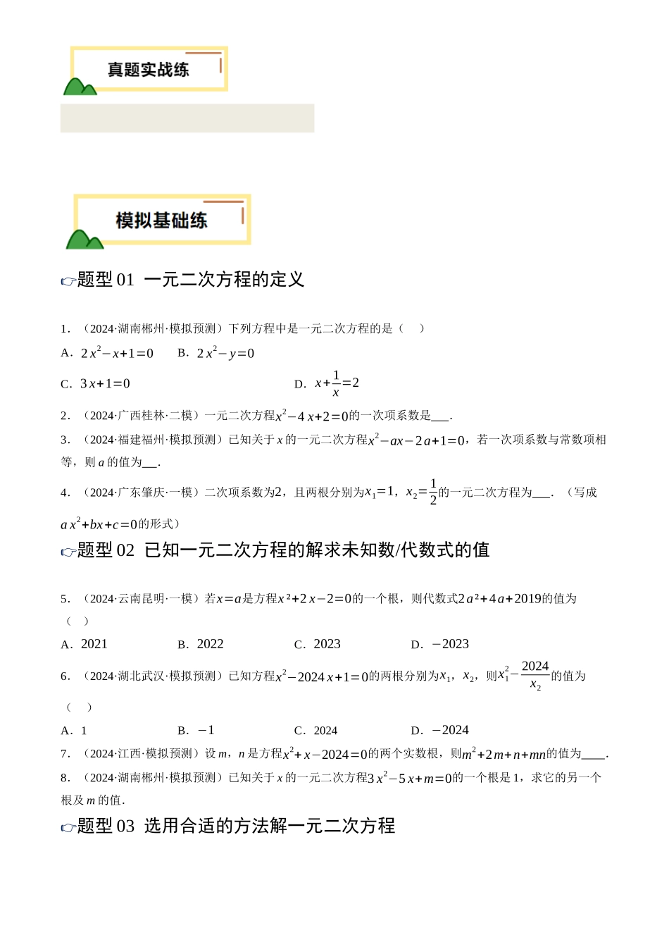 2025年中考数学一轮讲练测-第07讲 一元二次方程及其应用(练习)(原卷版).docx_第2页