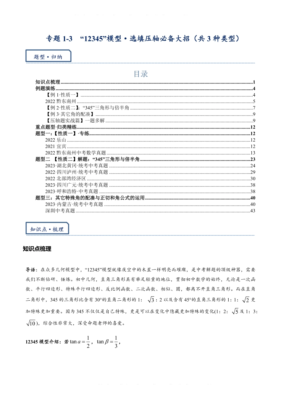 备考2024年中考数学模型方法技巧专题突破专题1-3 12345模型选填压轴必备大招共3种类型（原卷版）.pdf_第1页
