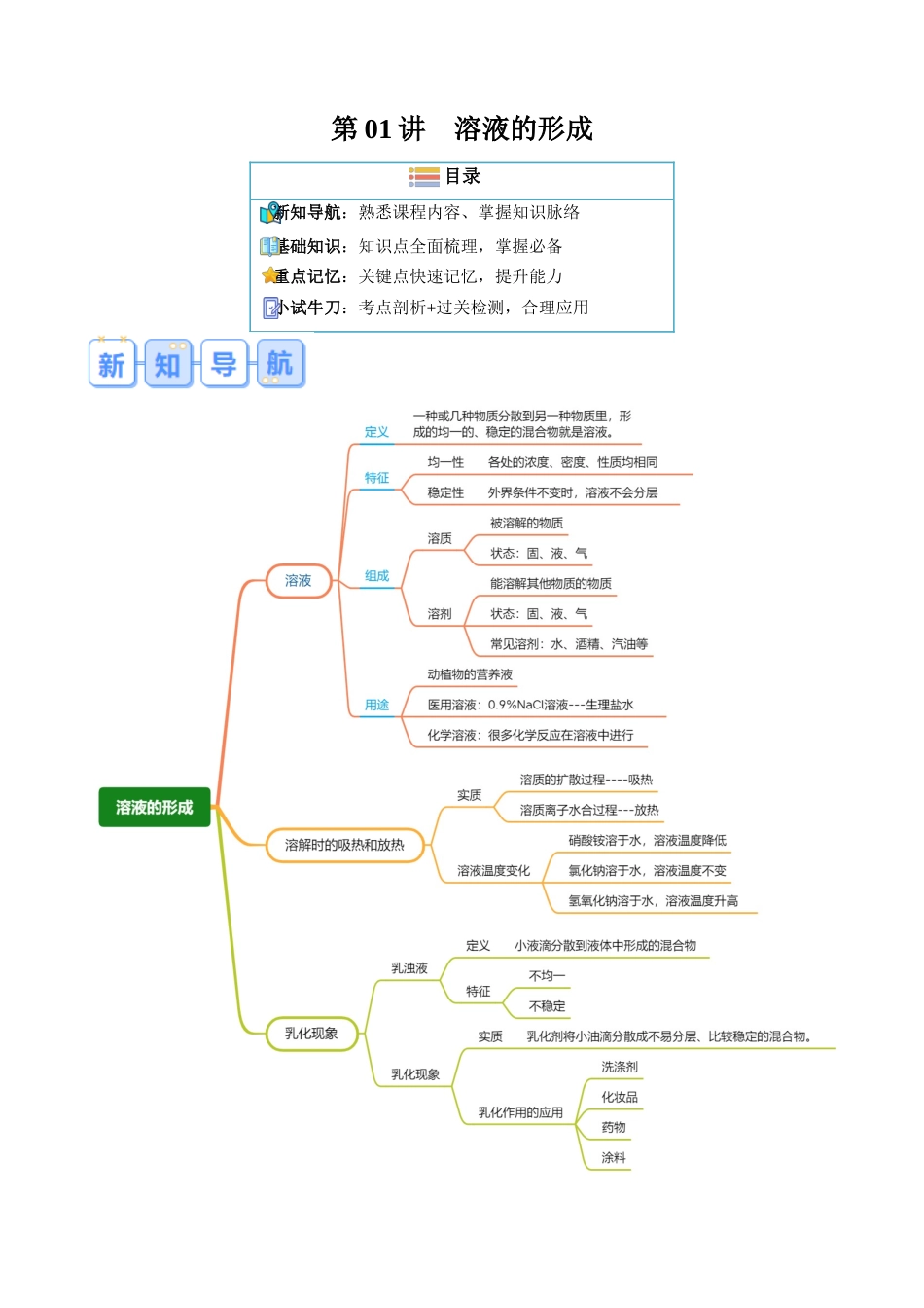第01讲 溶液的形成（原卷版）-【寒假自学课】2024年九年级化学寒假提升学与练（人教版）.docx_第1页