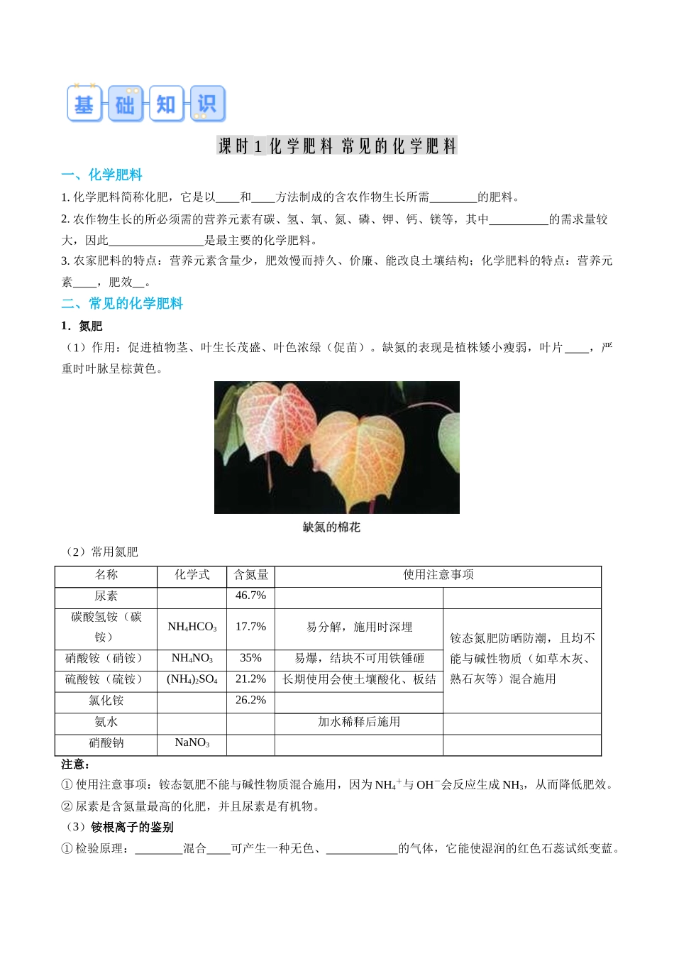第07讲 化学肥料-【寒假自学课】2024年九年级化学寒假提升学与练（人教版）（原卷版）.docx_第2页
