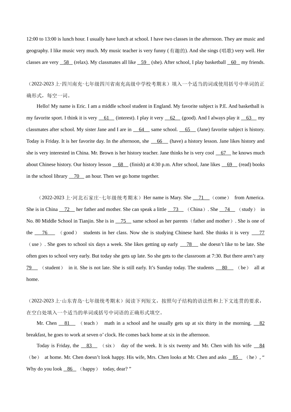 短文填空20篇（期末题型考前过关练）-2023-2024学年七年级英语上册单元模块满分必刷题（人教版）.docx_第3页