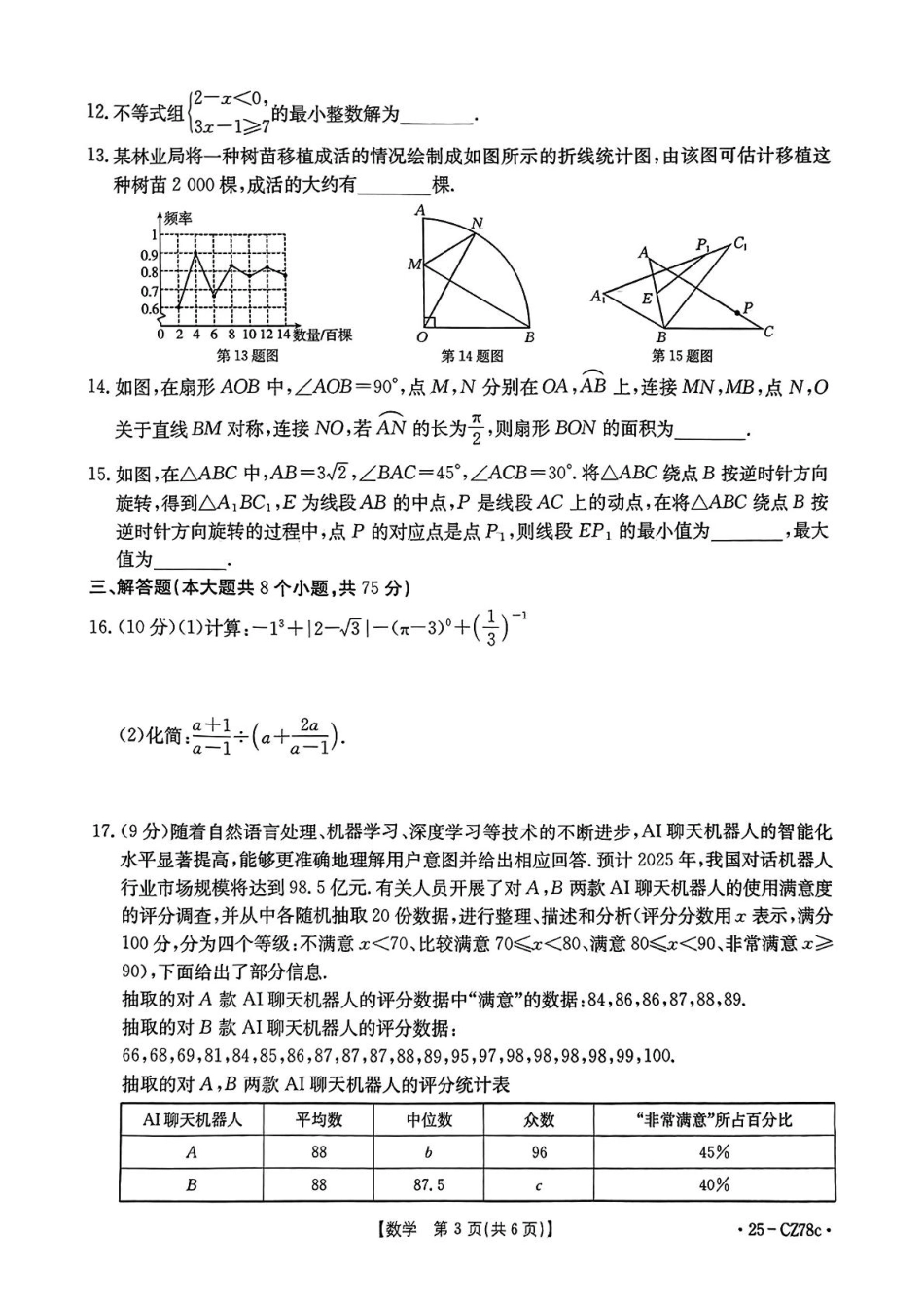 河南省濮阳市南乐县2025届九年级下学期中考一模数学试卷（无答案）.pdf_第3页