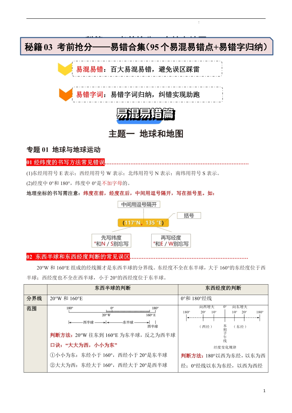 秘籍03 考前抢分——易错合集（95个易混易错点 易错字归纳）-备战2024年中考地理抢分秘籍（全国通用） .pdf_第1页