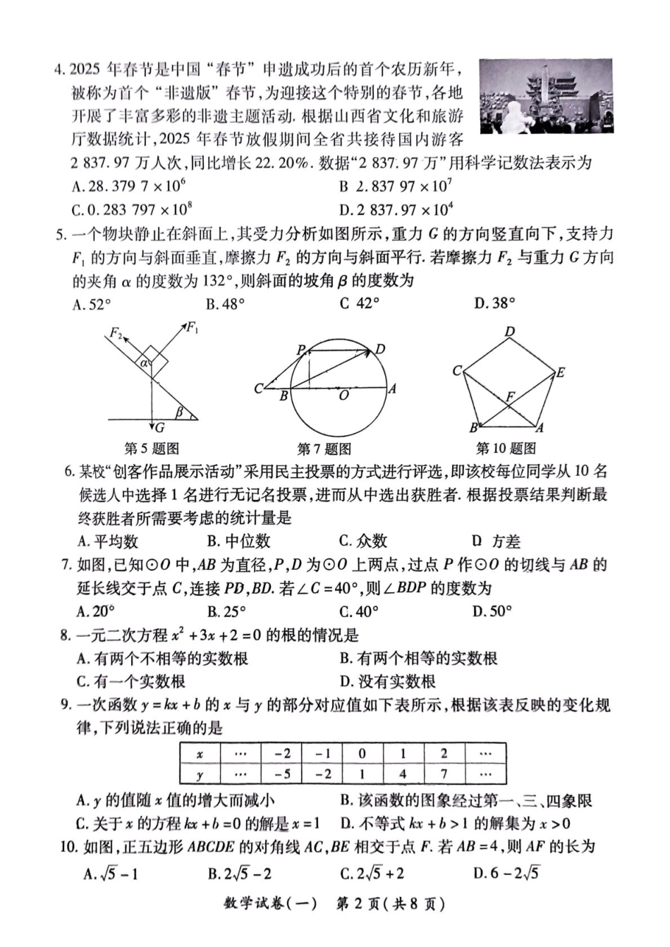 山西省晋中市榆社县多校2025届九年级下学期中考一模数学试卷.pdf_第2页