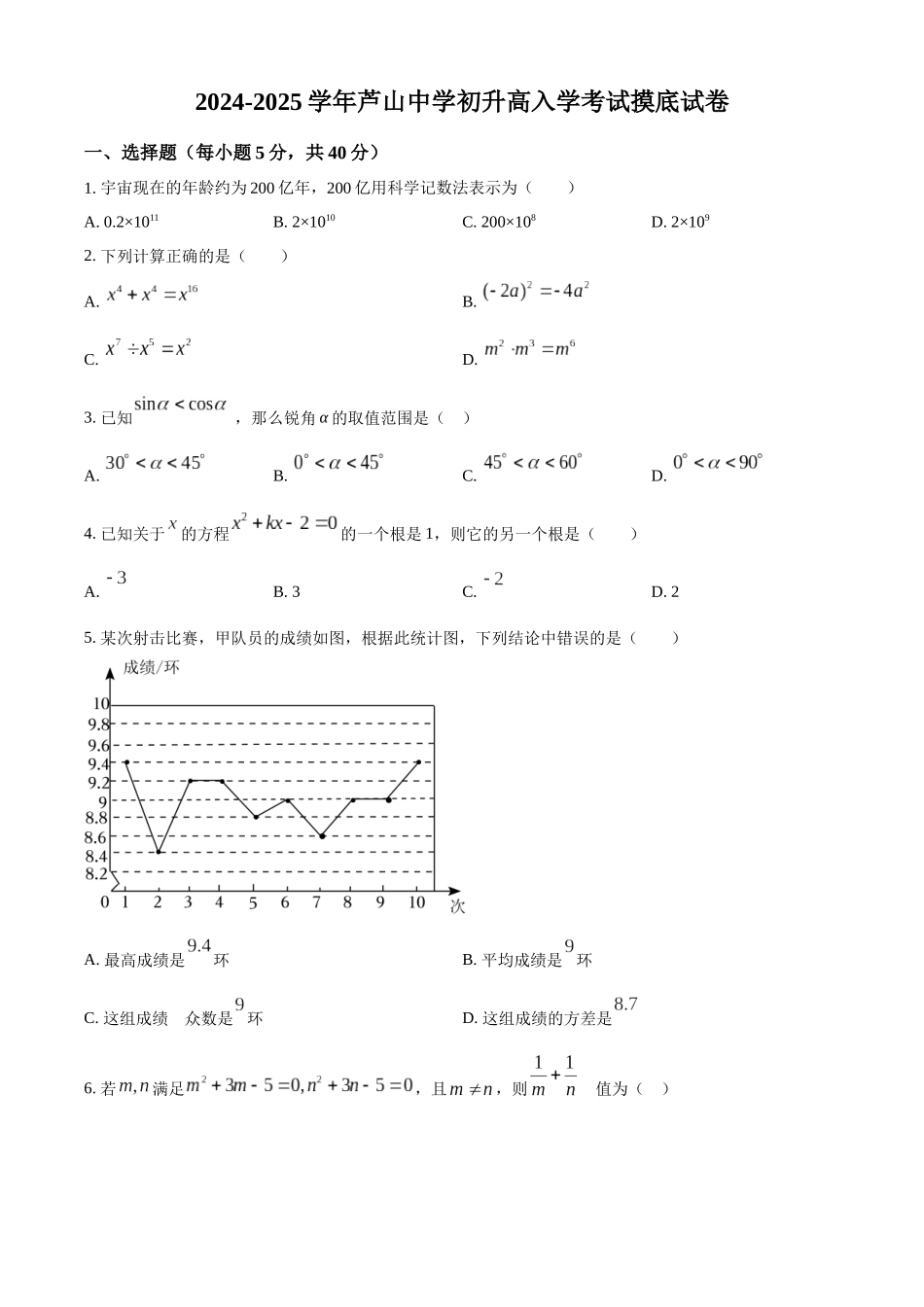 四川省芦山中学2024-2025学年初升高入学考试摸底数学试卷（原卷版）.docx_第1页