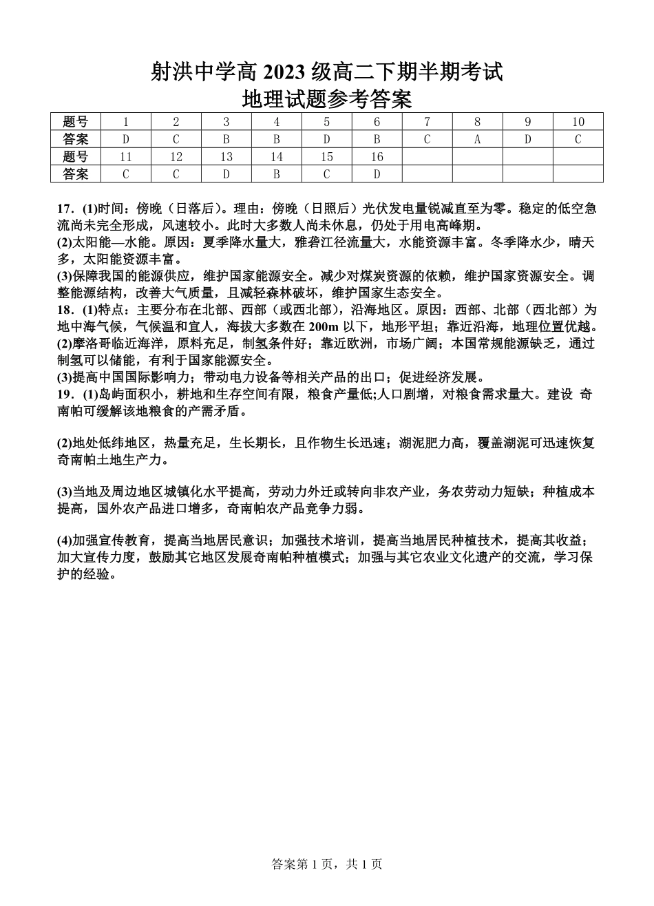 四川省遂宁市射洪中学2024-2025学年高二下学期期中考试 地理答案.pdf_第1页