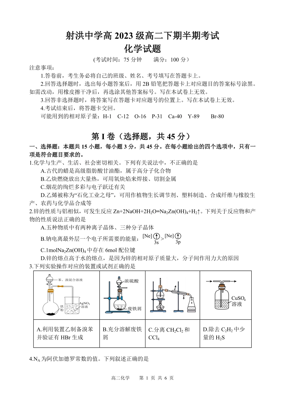 四川省遂宁市射洪中学2024-2025学年高二下学期期中考试 化学试题.pdf_第1页