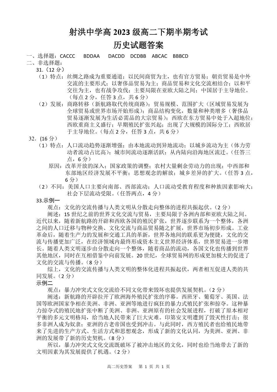 四川省遂宁市射洪中学2024-2025学年高二下学期期中考试 历史答案.pdf_第1页