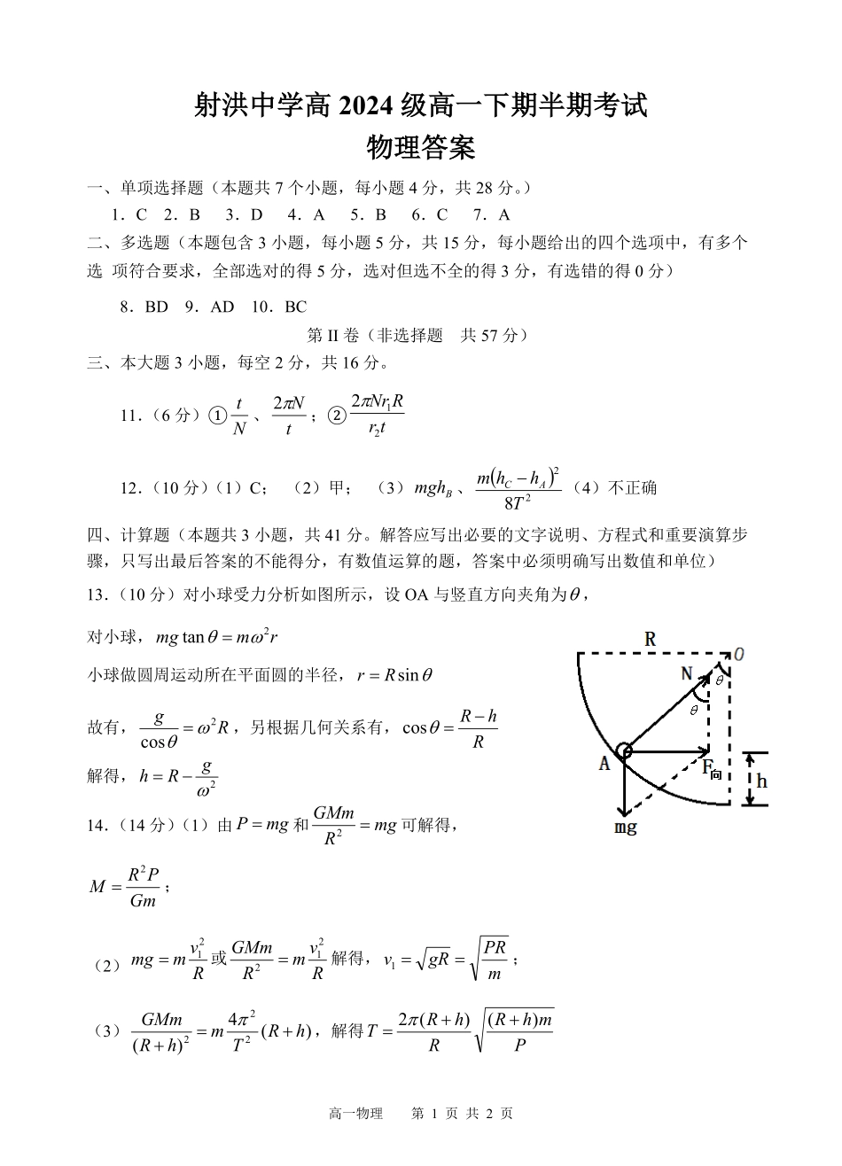 四川省遂宁市射洪中学2024-2025学年高一下学期期中考试 物理答案.pdf_第1页