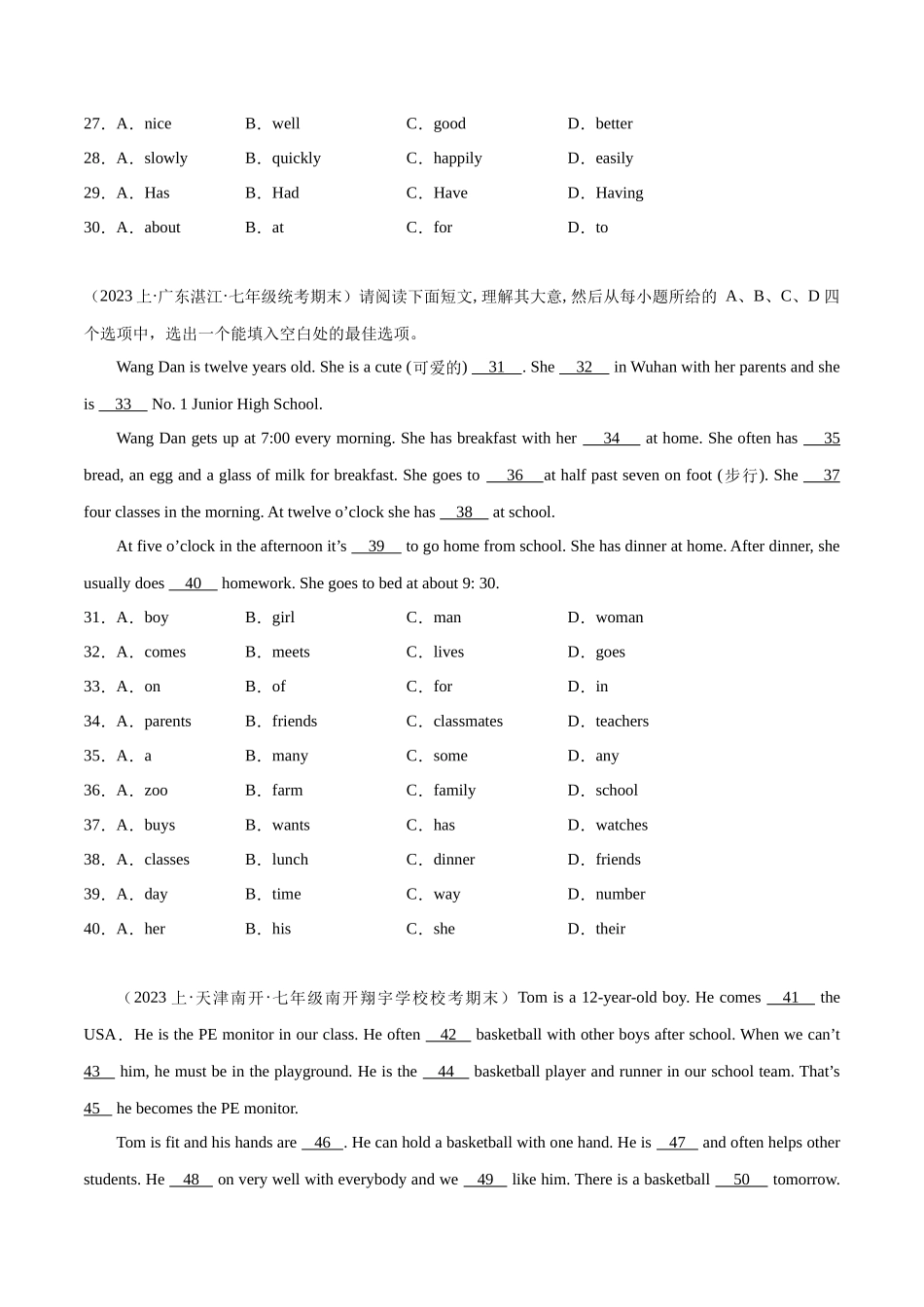 完型填空15篇（10空）（期末题型考前过关练）-2023-2024学年七年级英语上册单元模块满分必刷题（人教版）.docx_第3页