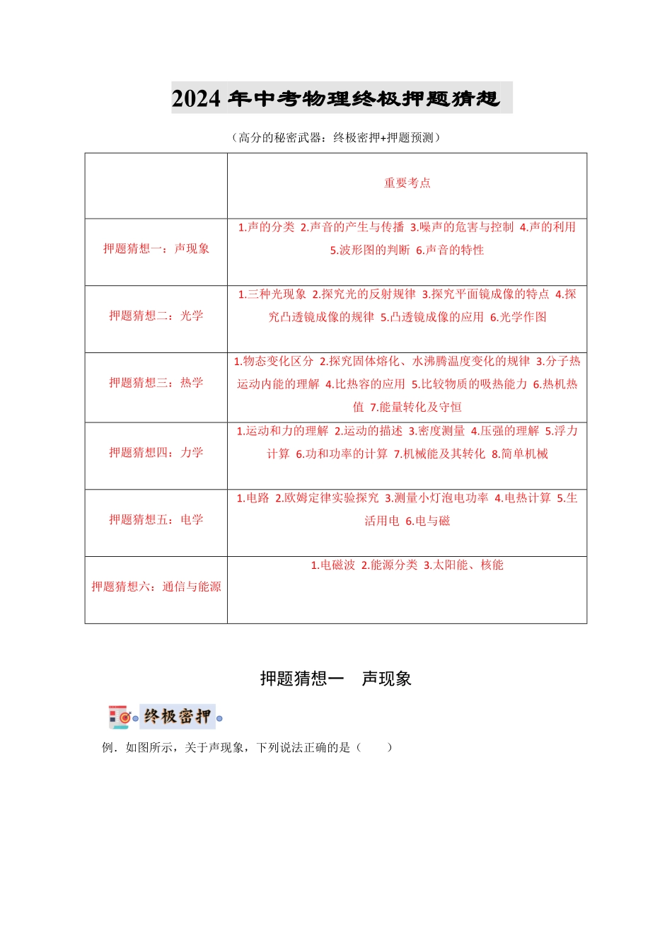 物理（武汉专用）-2024年中考终极押题猜想（原卷版）.pdf_第1页