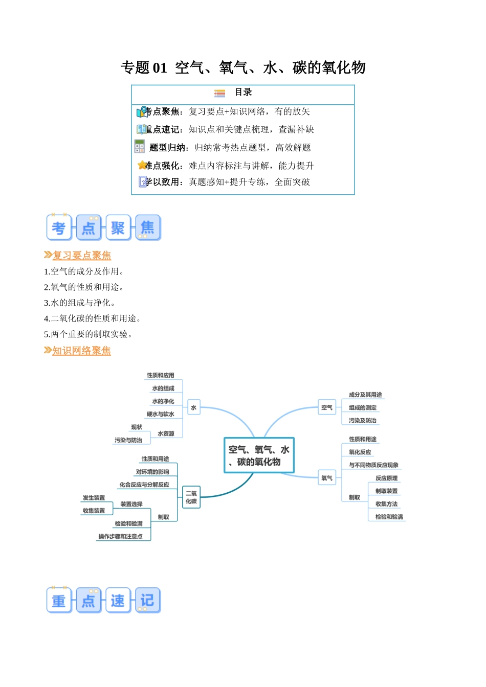 专题01 空气、氧气、水、碳的氧化物（原卷版）-【寒假自学课】2024年九年级化学寒假提升学与练（沪教版）.docx_第1页