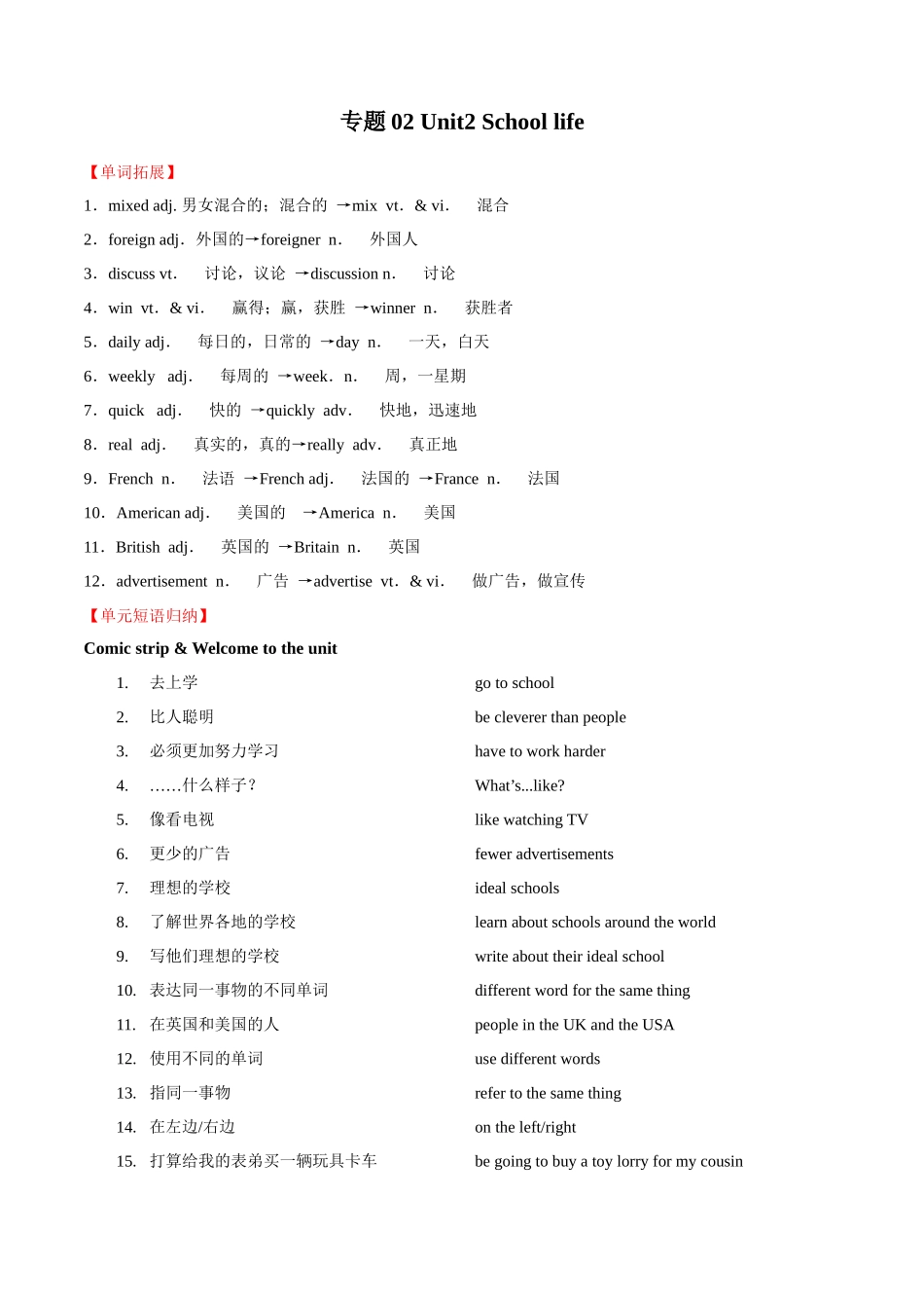 专题02 Unit 2 School life【知识清单】-2023-2024学年八年级英语上学期期中考点大串讲（牛津译林版）.docx_第1页