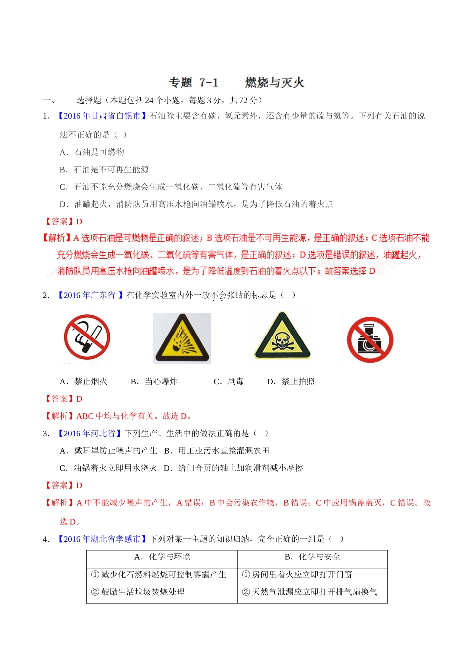 专题7.1 燃烧与灭火（第01期）-2016年中考化学试题分项版解析汇编（解析版）.doc_第1页