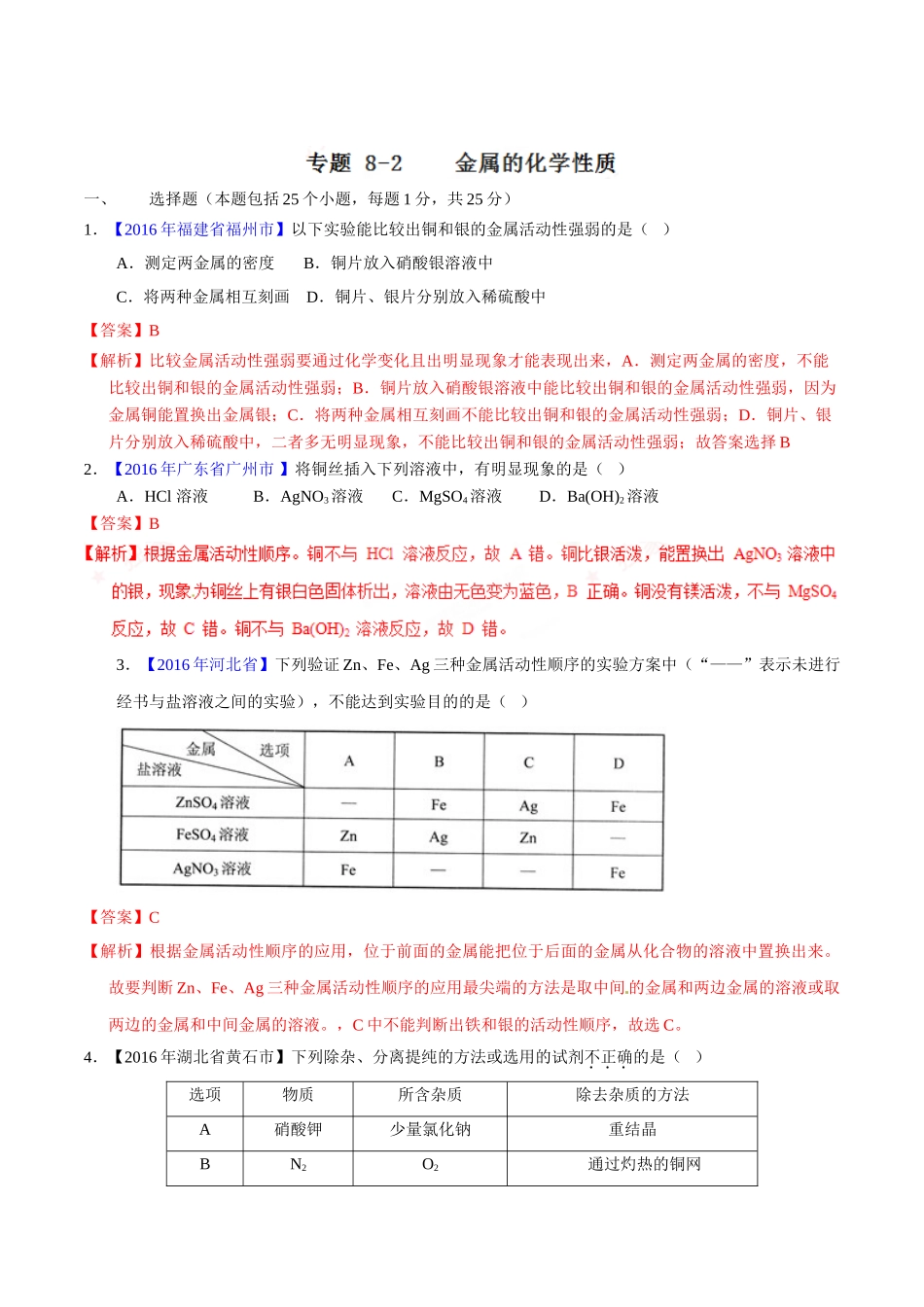 专题8.2 金属的化学性质（第01期）-2016年中考化学试题分项版解析汇编（解析版）.doc_第1页