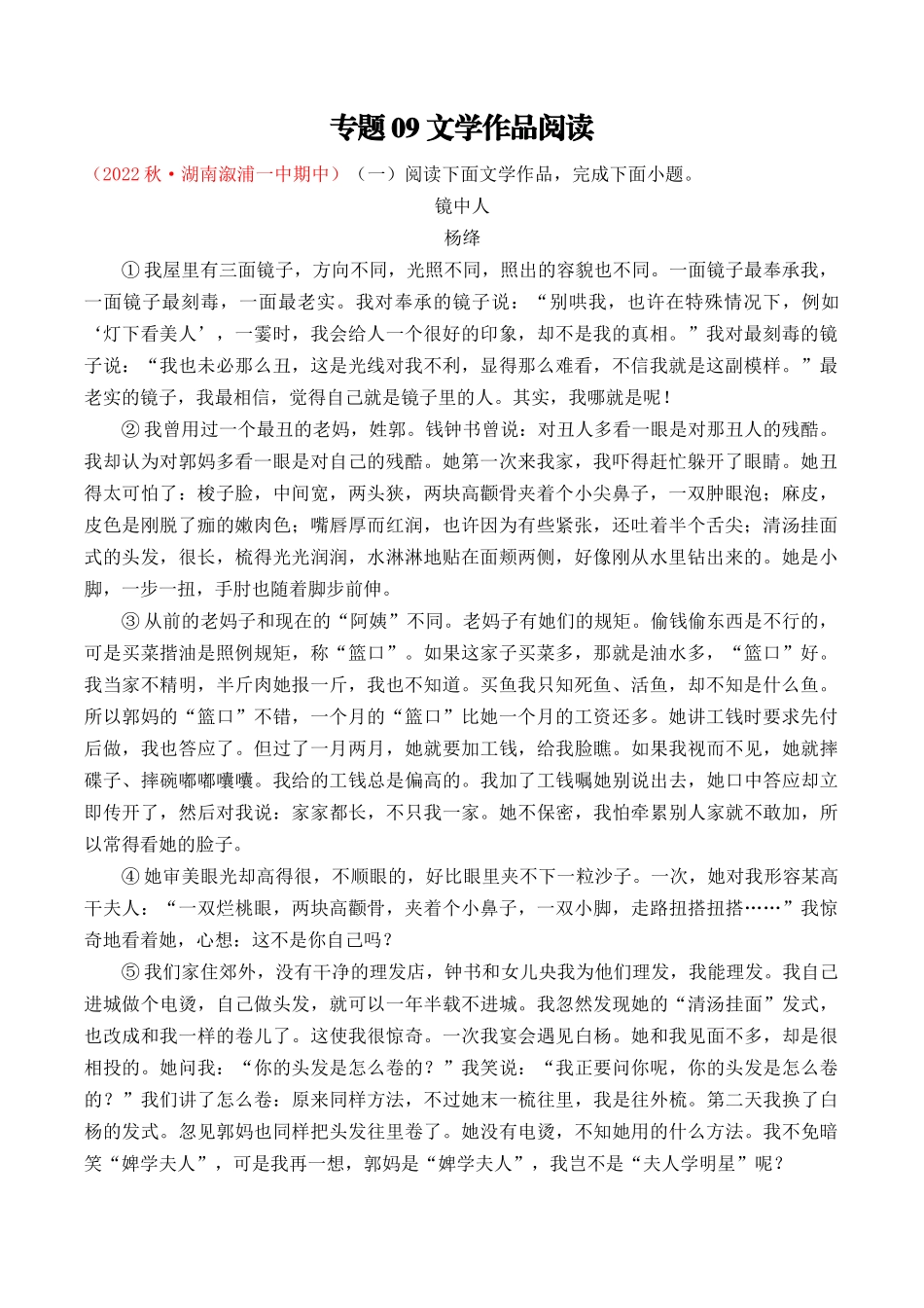 专题09：文学作品阅读（考题猜想）-2023-2024学年九年级语文上学期期中考点大串讲（统编版）（解析版）.docx_第1页