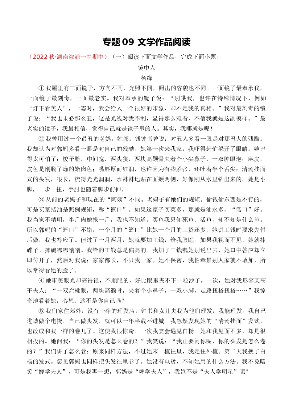 专题09：文学作品阅读（考题猜想）-2023-2024学年九年级语文上学期期中考点大串讲（统编版）（原卷版）.docx_第1页