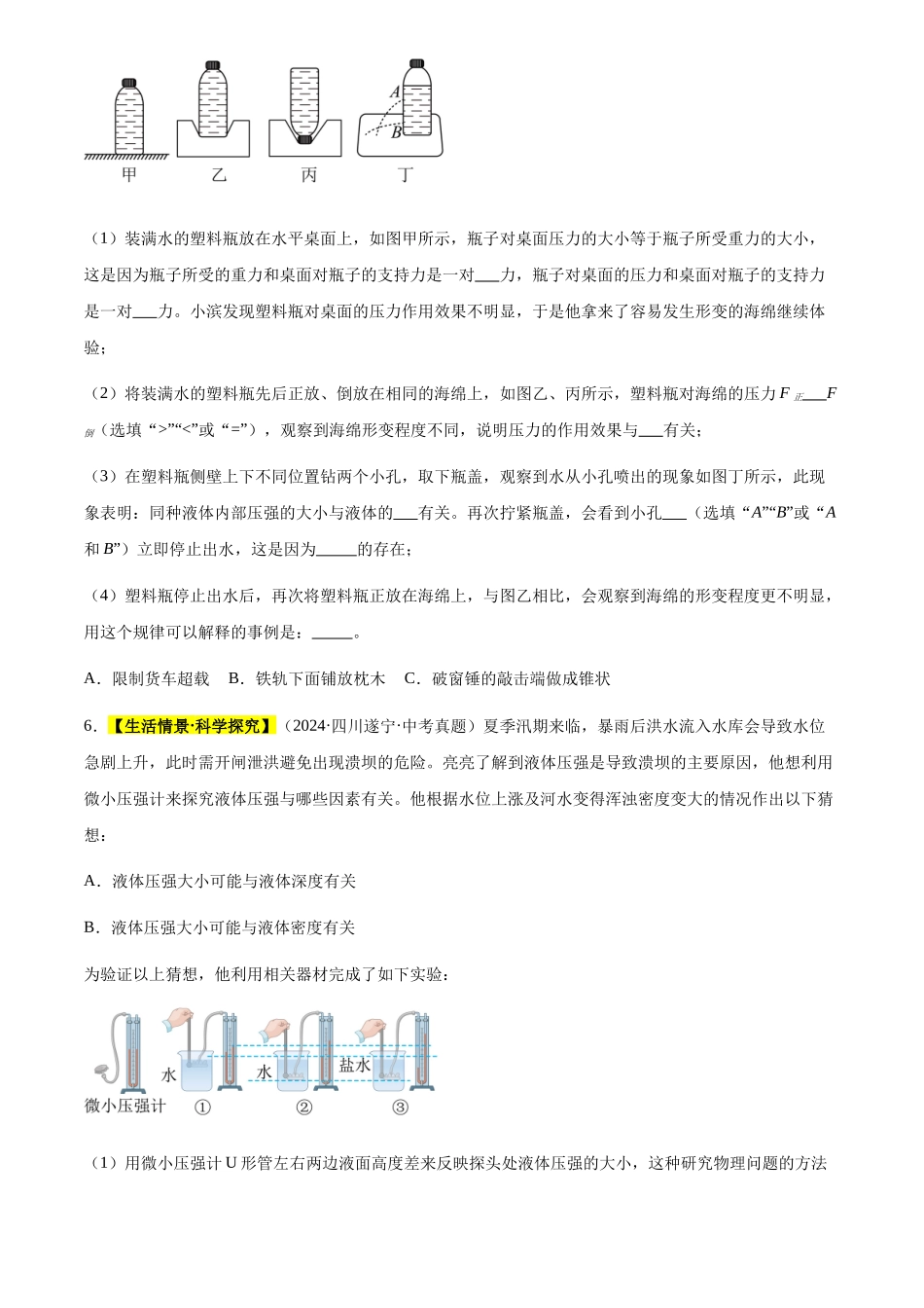 专题10 压力和压强（原卷版）-三年(2022-2024)中考物理真题分类汇编(全国通用).docx_第3页