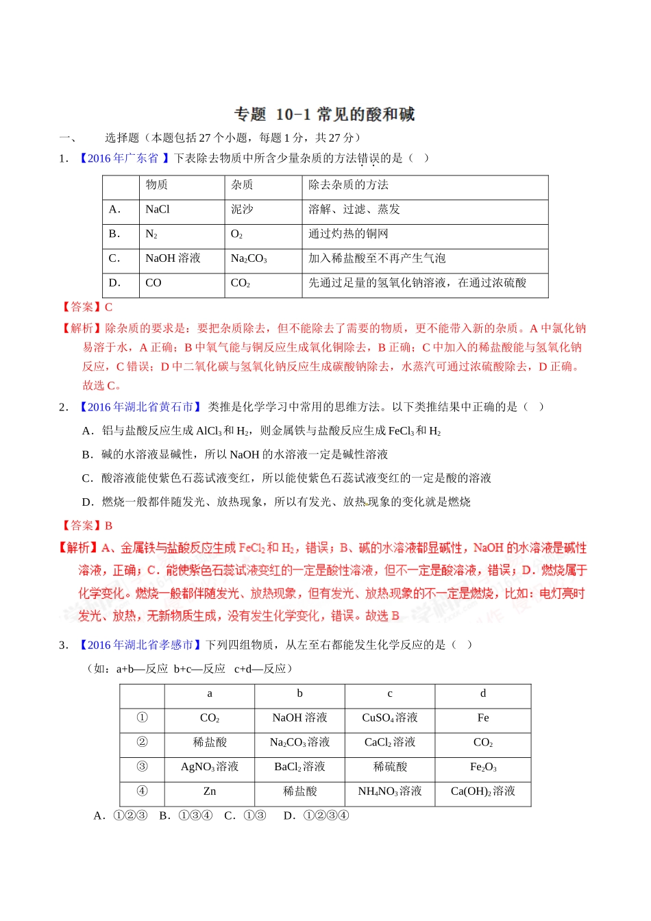 专题10.1 常见的酸和碱（第01期）-2016年中考化学试题分项版解析汇编（解析版）.doc_第1页