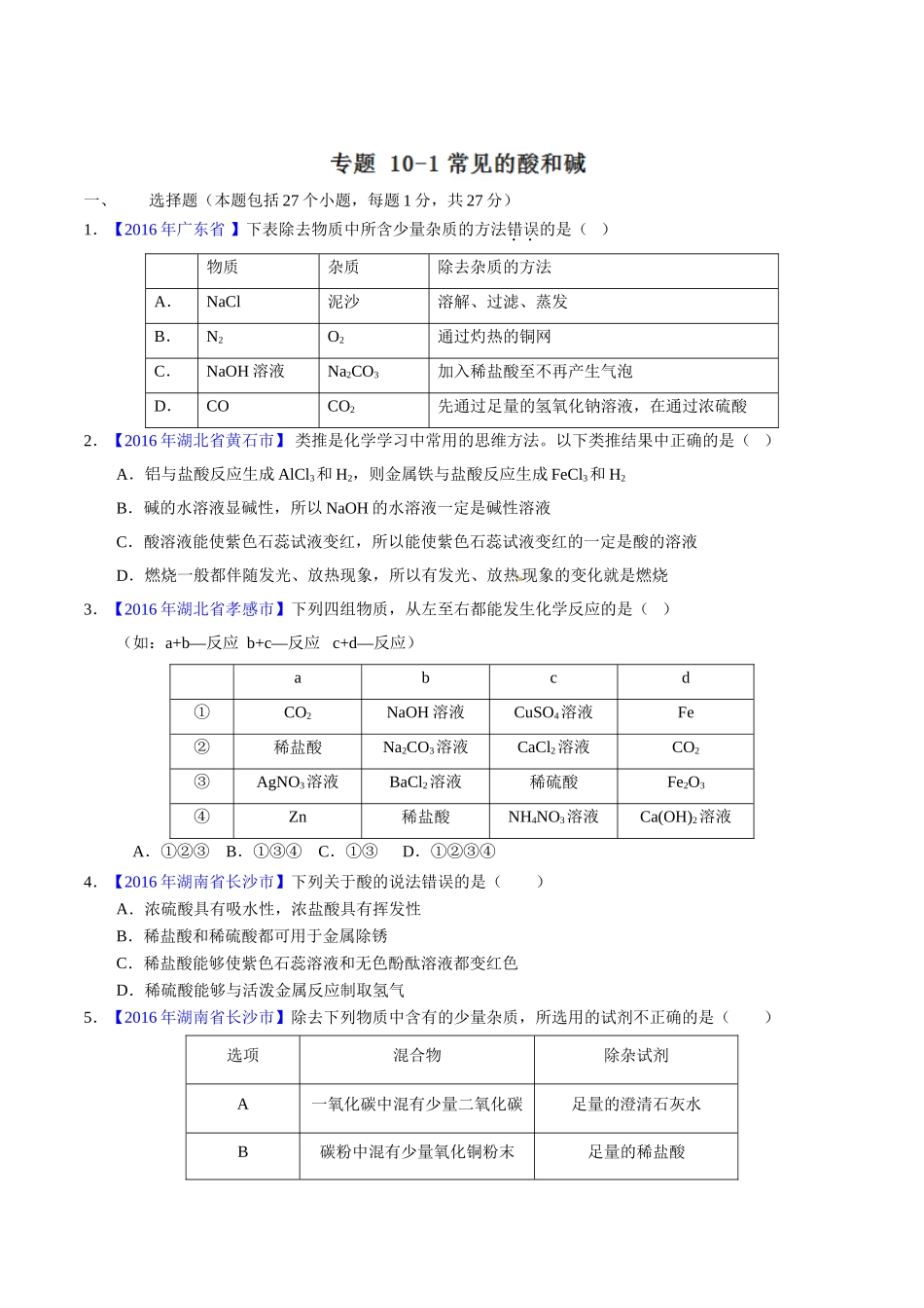 专题10.1 常见的酸和碱（第01期）-2016年中考化学试题分项版解析汇编（原卷版）.doc_第1页