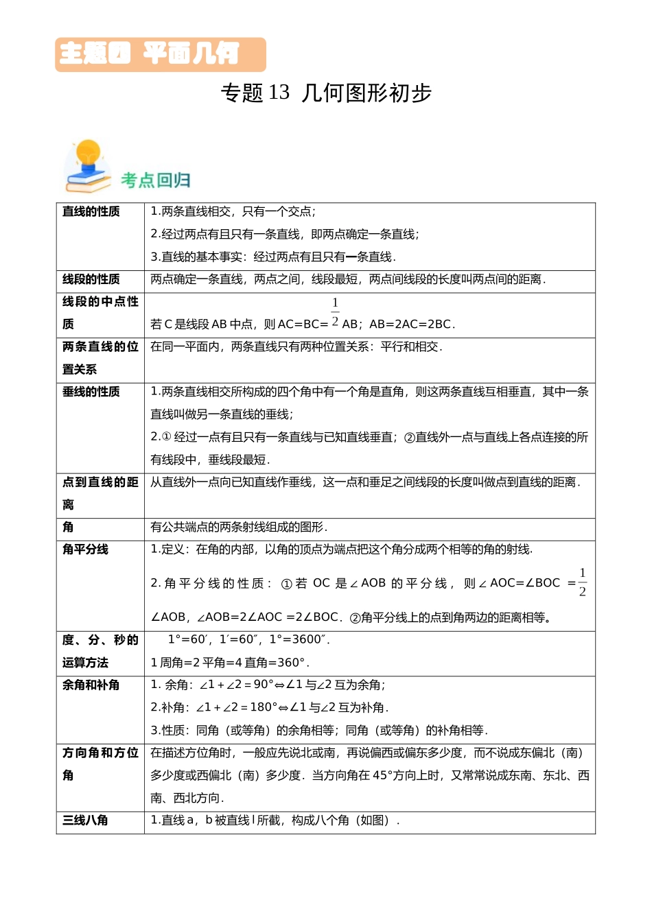 专题13 几何图形初步（5类重点考向）（考点回归）-备战中考数学真题题源解密.docx_第1页