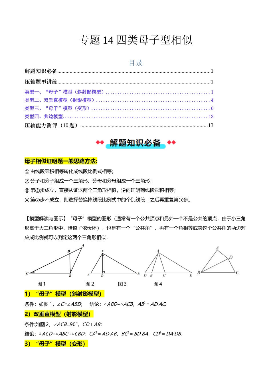 专题14四类母子型相似（解析版）-2025数学常考压轴题上册九年级沪科版.docx_第1页
