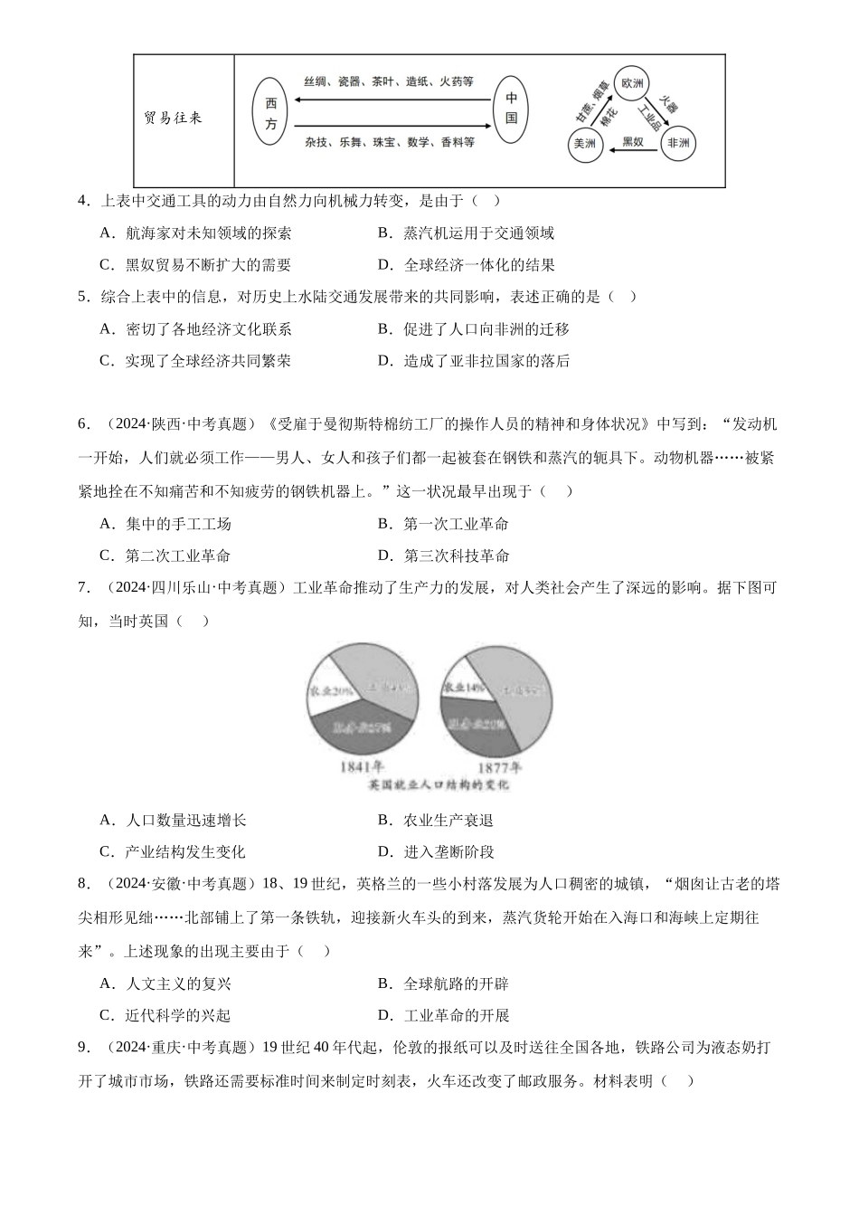 专题28 工业革命和国际共产主义运动的兴起（原卷版）-三年(2022-2024)中考历史真题分类汇编.docx_第2页