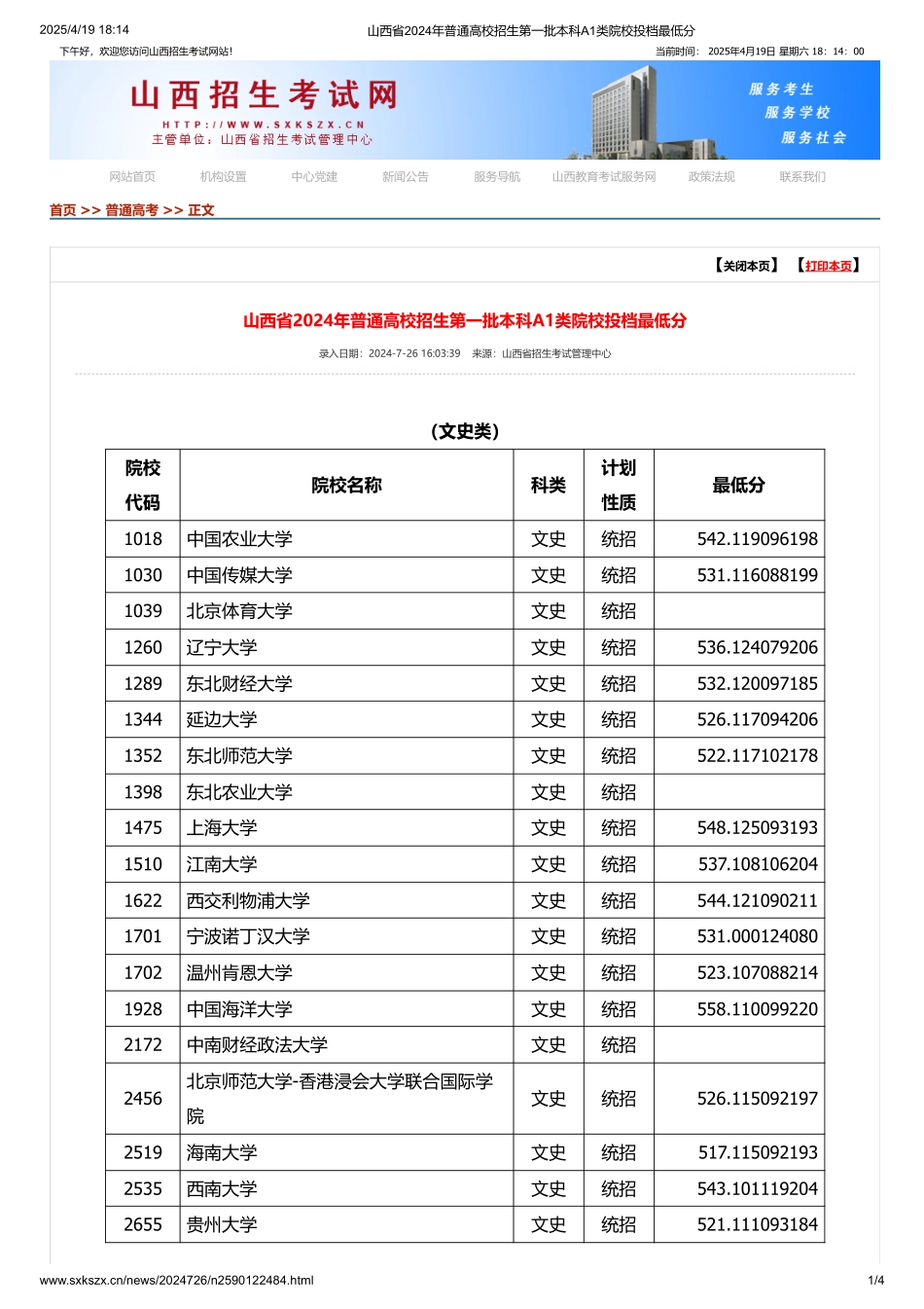 山西省2024年普通高校招生第一批本科A1类院校投档最低分.pdf_第1页