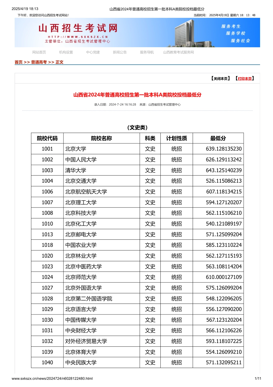 山西省2024年普通高校招生第一批本科A类院校投档最低分.pdf_第1页