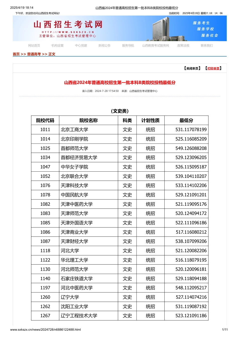 山西省2024年普通高校招生第一批本科B类院校投档最低分.pdf_第1页