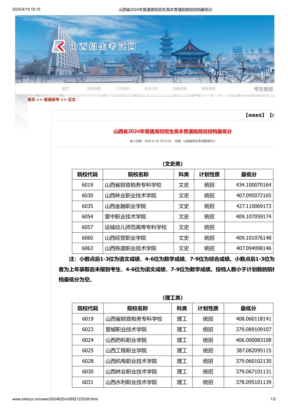 山西省2024年普通高校招生高本贯通批院校投档最低分.pdf_第1页