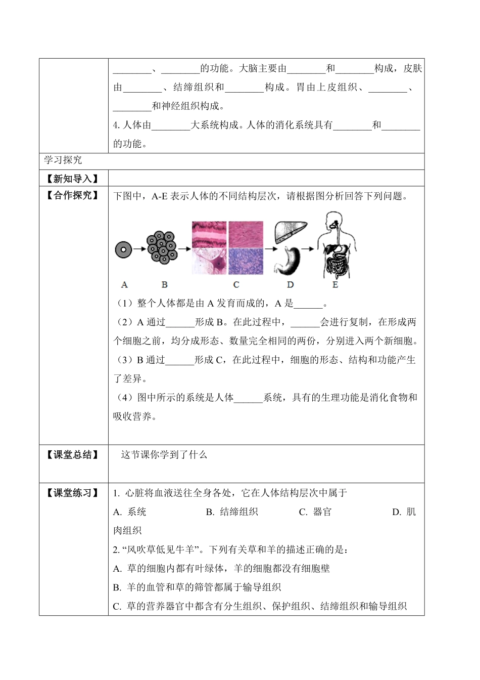 2.2.2动物体的结构层次学案七年级生物上册同步优质备课资源人教版含答案.pdf_第2页