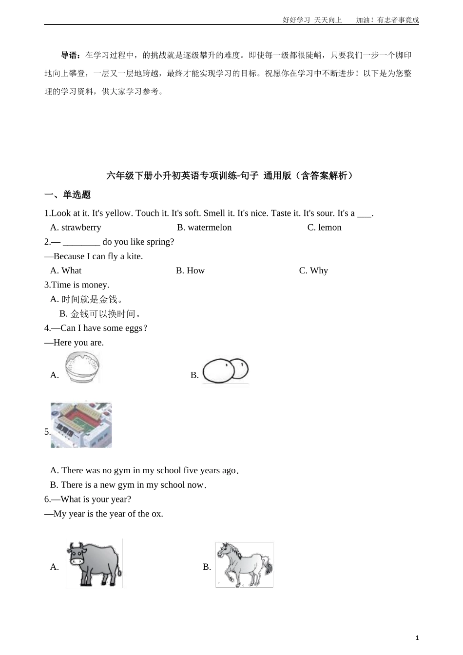 六年级下册英语试题-小升初专项训练之句子通用版含答案解析.docx_第1页