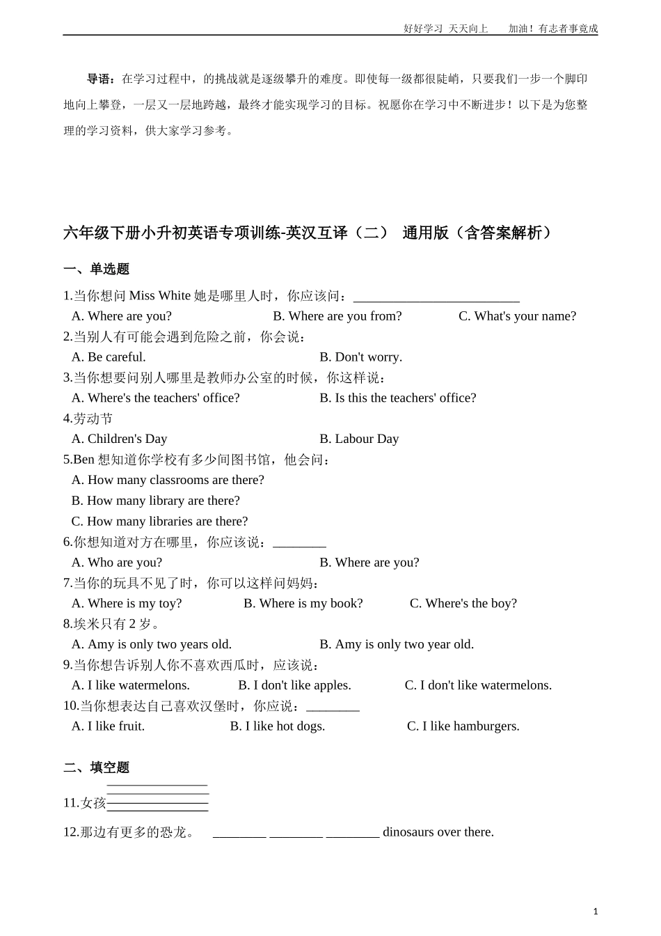 六年级下册英语试题-小升初专项训练之英汉互译二通用版含答案解析.docx_第1页
