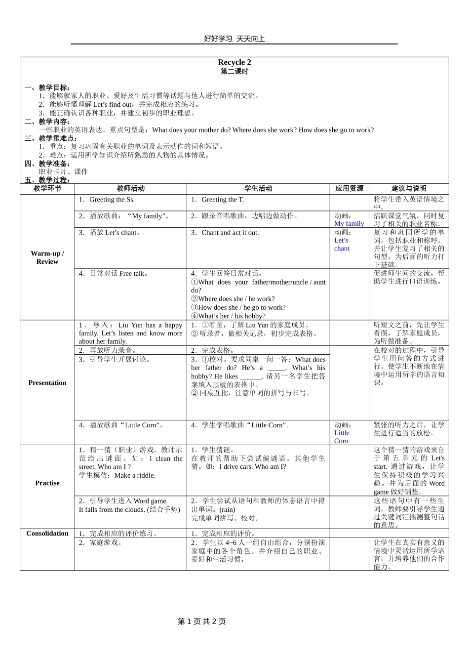 六年级英语人教三起上册Recycle2教学设计教案1.docx_第1页