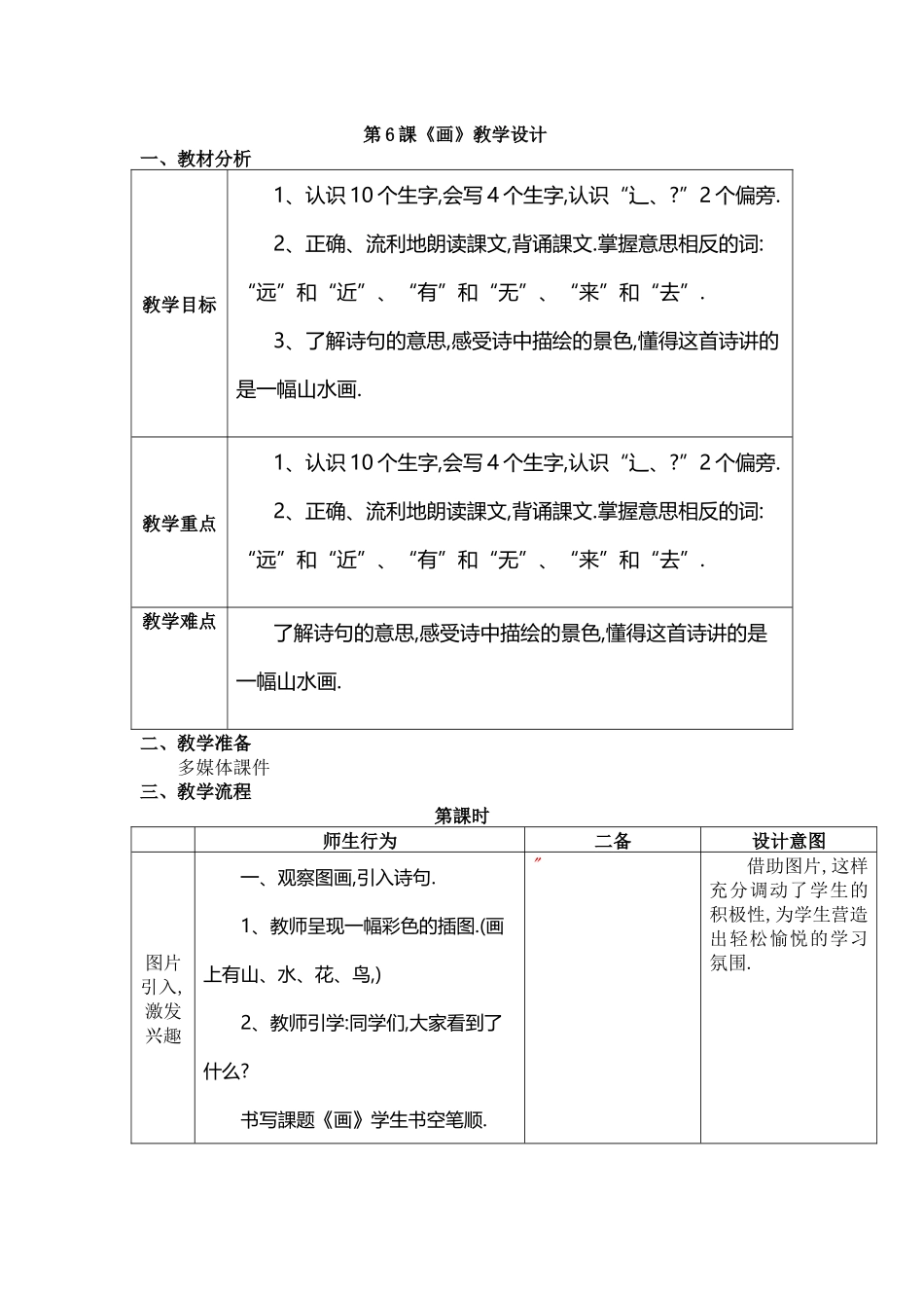 人教版部编版小学语文一年级上册人教版画教学设计教案15.docx_第1页