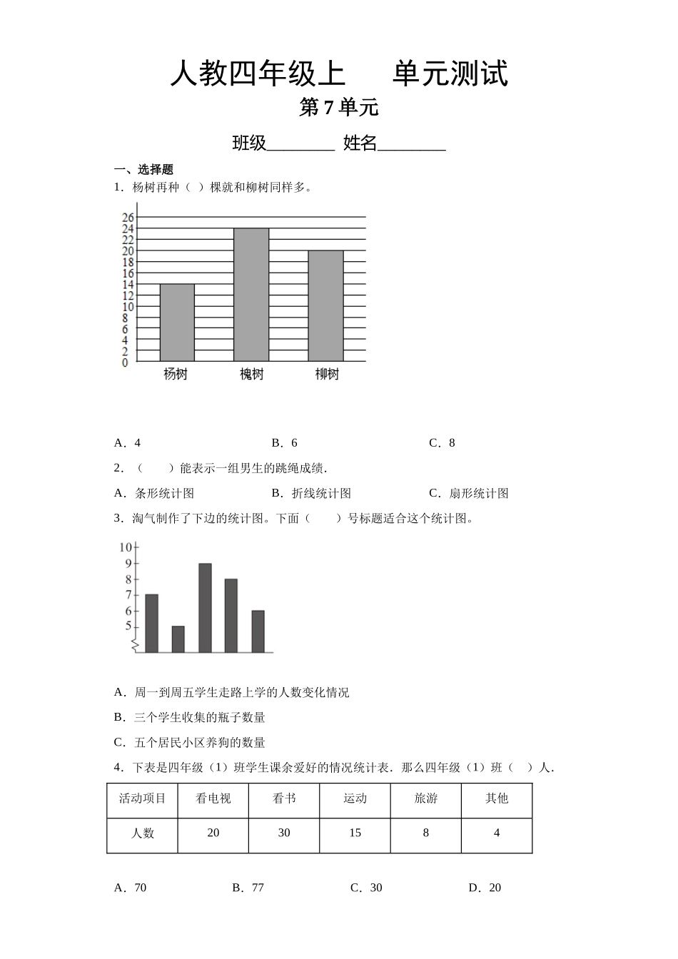四年级上册数学人教版第7单元复习《单元测试》测试试题试卷含答案2.docx_第1页