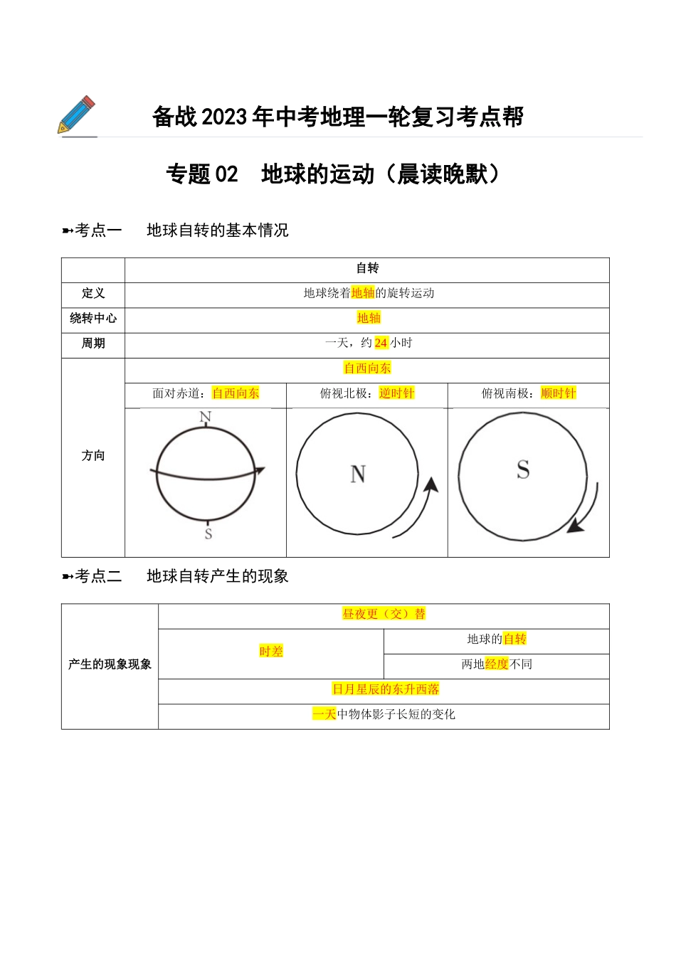 【初中地理】备战2023年中考地理一轮复习-专题02  地球的运动（晨读晚默）（晨读版）.docx_第1页