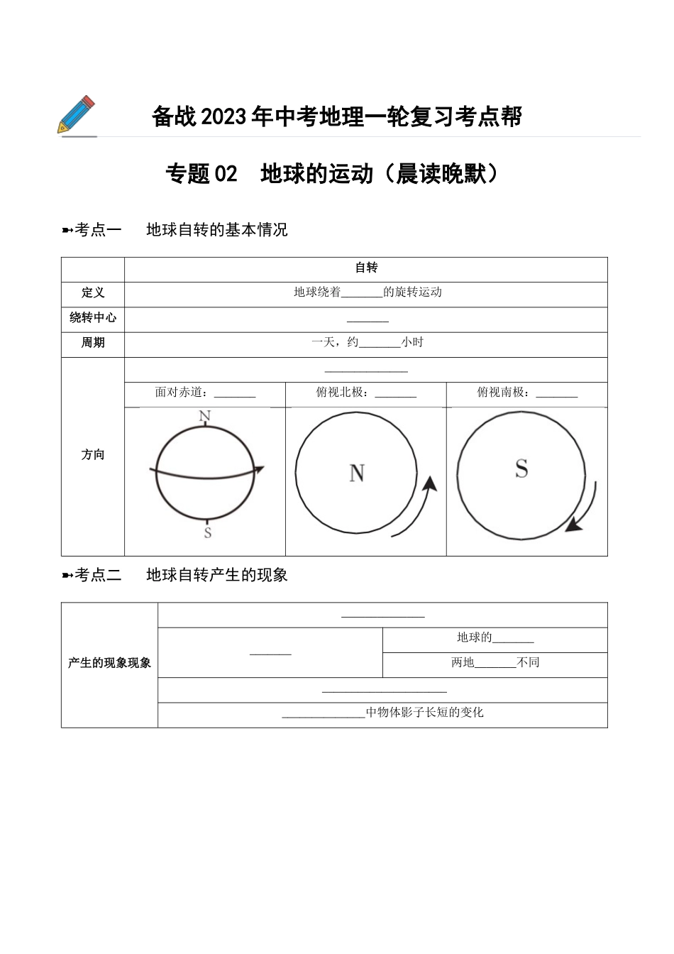 【初中地理】备战2023年中考地理一轮复习-专题02  地球的运动（晨读晚默）（晚默版）.docx_第1页