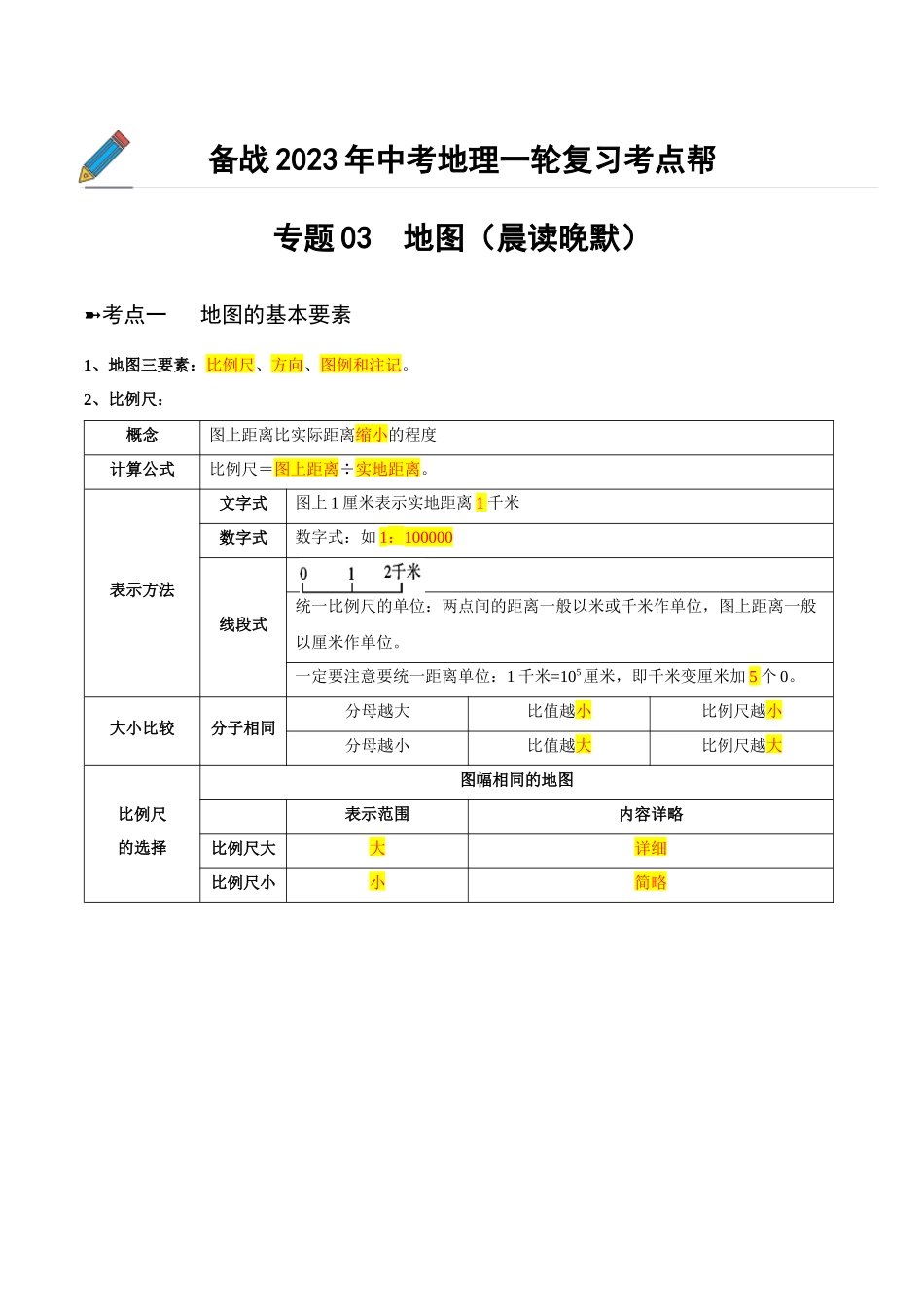 【初中地理】备战2023年中考地理一轮复习-专题03  地图（晨读晚默）（晨读版）.docx_第1页