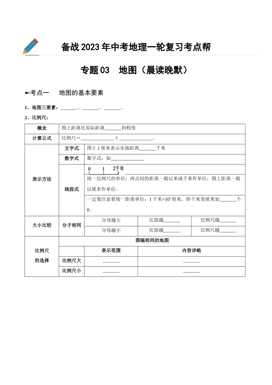 【初中地理】备战2023年中考地理一轮复习-专题03  地图（晨读晚默）（晚默版）.docx_第1页