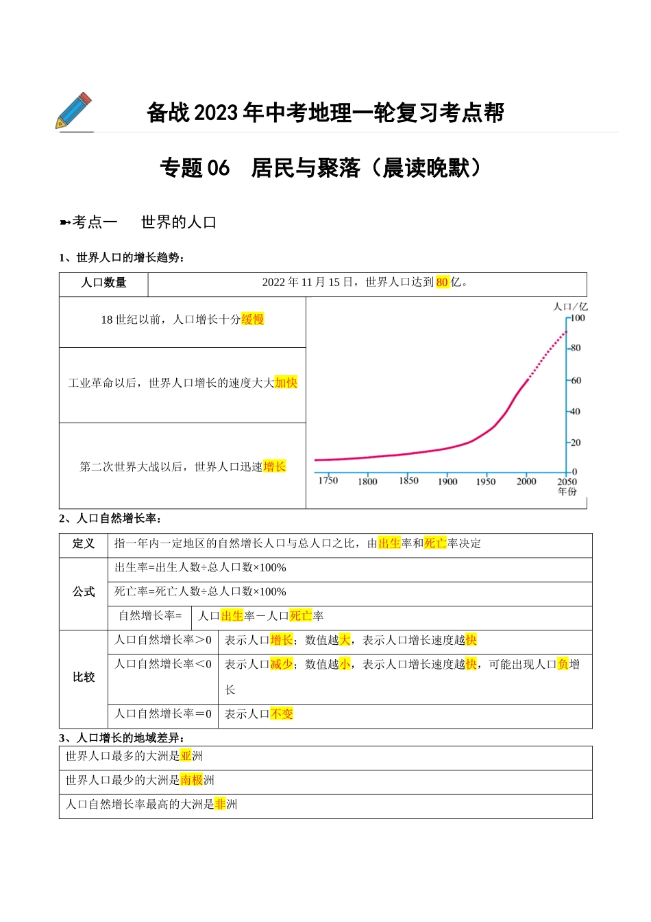 【初中地理】备战2023年中考地理一轮复习-专题06  居民与聚落（晨读晚默）（晨读版）.docx_第1页